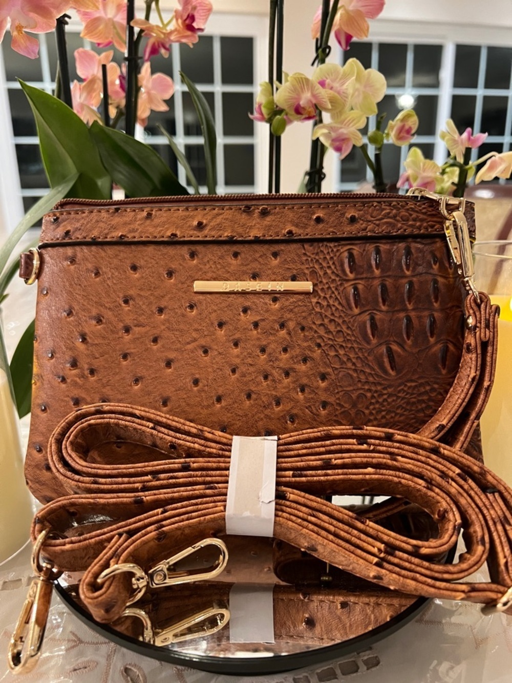 Dasein Vegan Boutique Luxe Brown Embossed Wristlet Crossbody ~ NWOT